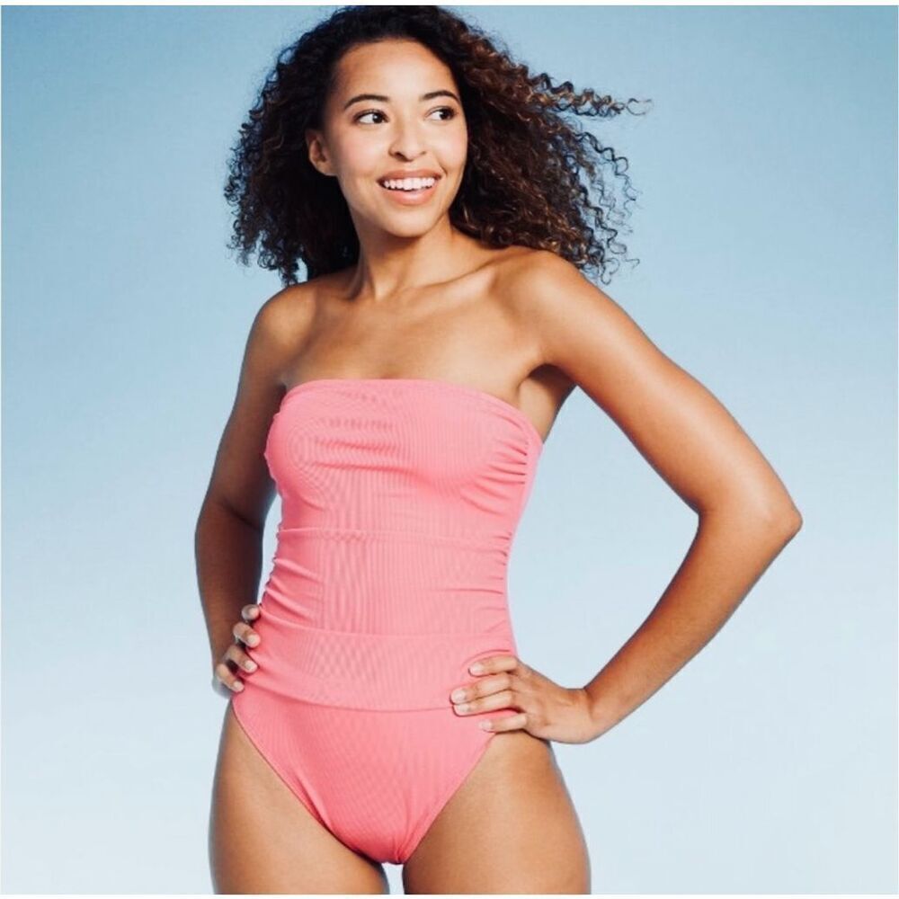 🌸 Shade & Shore Coral Pink Strapless Ribbed One Piece Swimsuit Size XS New